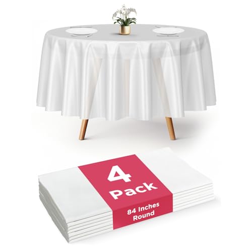 Image of Prestee 4-Pack 84-Inch White Round Plastic Tablecloth Disposable - Durable Waterproof Table Covers for Weddings, BBQ, Parties, Outdoor Events - Elegant White Plastic Tablecloths Round for Any Occasion