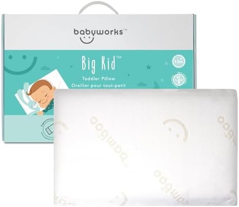 Baby Works Toddler Pillow - Soft, Supportive and Breathable Memory Foam with Hypoallergenic Bamboo Cover, Chiropractor Recommended, Washable and Removable Cover, Perfect for Cribs, Ages 12m+