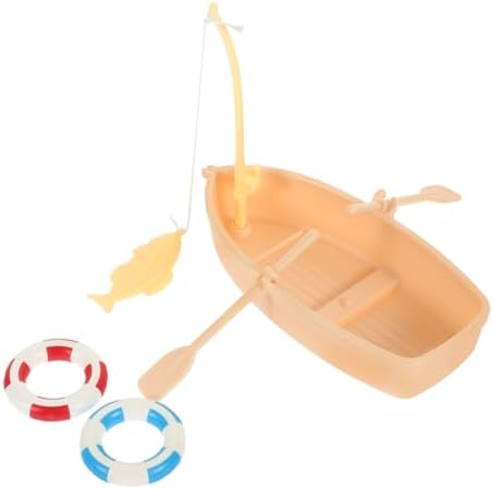 Toddmomy Fake Fishing Boat Figurine, 1 Set Doll House Swimming Ring Canoe Model Plastic Sea Fishing Boat for Dollhouse Decor