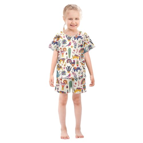 ALAZA America Bird Elephant Cactus Pajamas Set Short Sleeve Cotton Sleepwear Summer Pjs 2 Piece 5-14Y3