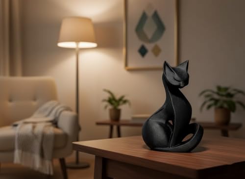 Image of Eco Friendly Sleek Black Abstract Cat Sculpture - Modern Minimalist Animal Figurine | Elegant Desk & Shelf Decor