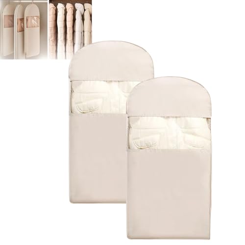 Space Saving Hanging Garment Bag with Self Compression Zipper, 2025 New, Space Saver Closet Organizers, Dust Cover Clothes Bags Travel Organizer for Down Coat Suit (Beige_L*2)