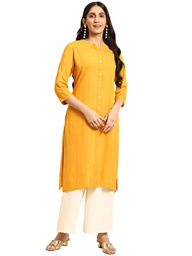 Image of rangita Yellow Rayon Calf Length Striped Straight Kurti for Women | Kurta for Women