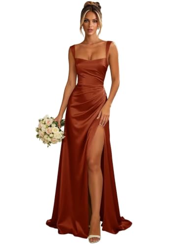 Womne's Satin Bridesamd Burnt Orange Square Neck Plus Size Dresses US20W