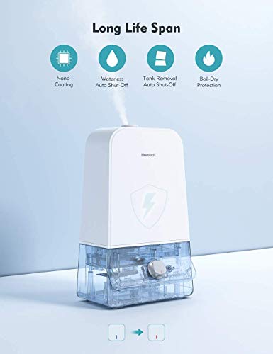 Homech Cool Mist Humidifier 6L, 26dB Quiet Ultrasonic Humidifiers for Large Bedroom Babies Adults, 360° Nozzle, Water Level Window and Waterless Auto Shut-Off for Home Office 20-60 Hours, White
