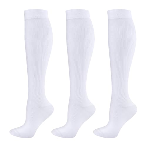 YUEDGE 3 Pairs Compression Socks for Women White Travel Flight Socks Compression Support Stockings for NHS Workers Pregnancy Running Cycling Activewear Size 4-7