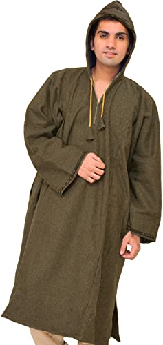 Image of Exotic India Men's Woolen Blend Kashmiri Phiran with Hood | Pure Wool Long Overcoat-Oversized Phiran for Men