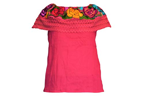 Autentic Women's Mexican Peasant Blouse Tops Shirt Bare Shoulders Embroidered on Looms of Mexican artisansâ?¦, Mexican Pink, X-Large