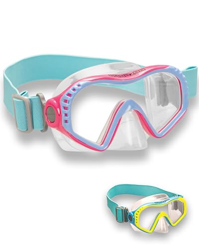 AQUAZON Starfish Junior Medium Schnorchelbrille, Taucherbrille, Schwimmbrille, Tauchmaske für Kinder, Jugendliche von 7-12 Jahren, Tempered Glas, mit Silikon, tolle Passform, Farbe:Pink blau