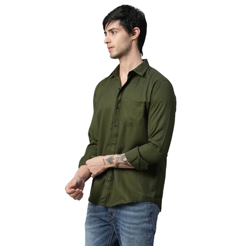 Image of Men's Army Green Regular Fit Casual Shirt | Solid Cotton Blend Full Sleeve Shirt for Office, Party