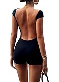 Navneet Women Backless Romper Knitted Bodysuits Shorts Backless Jumpsuit Sexy One Piece Outfits Summer Playsuits #1 Black S