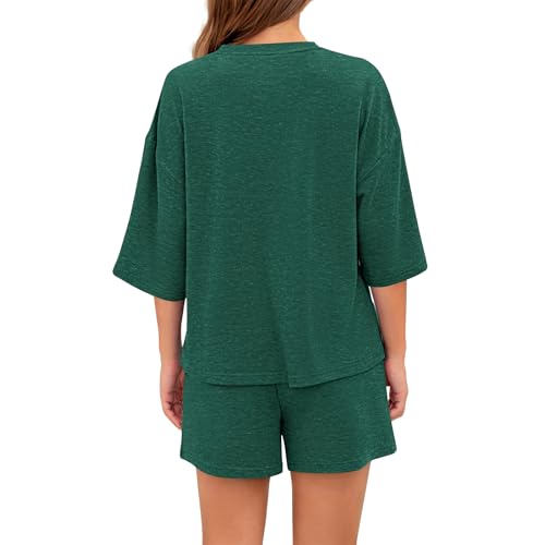 Women Summer 2 Piece Outfits Casual 3/4 Sleeve Tops Oversized Shirts Elastic Waist Shorts Lounge Tracksuit Sets2