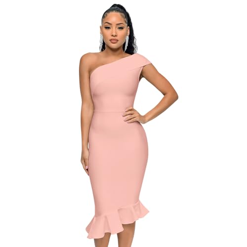open lace back dress Blush Pink One-Shoulder Draped Midi Dress 4XL main image 0