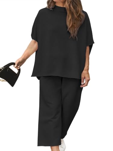 Image of Beautife Women's Plus Size 2 Piece Outfits 3 /4 Batwing Sleeve Capelet Crew Neck Pullover Top Wide Leg Pants Lounge Set