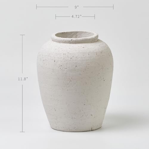 LB2 White Ceramic Large Vase, 11" Tall Zen Style vase, Terra Cotta Pitcher Vase, Distressed Farmhouse Decor, Pottery Decorative Flower for Home Decor (A - White 11.8")