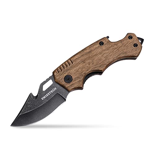 Swiss+Tech Pocket Folding Knife, Multi tool Tactical Knife with Wood Handle, Good for Outdoor, Survival, Hunting and Camping