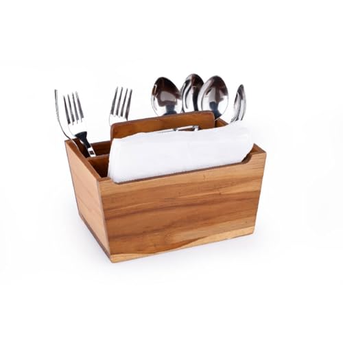 Image of Crystal Premium Handcrafted Wooden Cutlery /Spoon stand with Handle | Pure Teak Wood | Wooden Caddy with 4 sections | Multipurpose Cutlery Stand for Kitchen, Dining Table