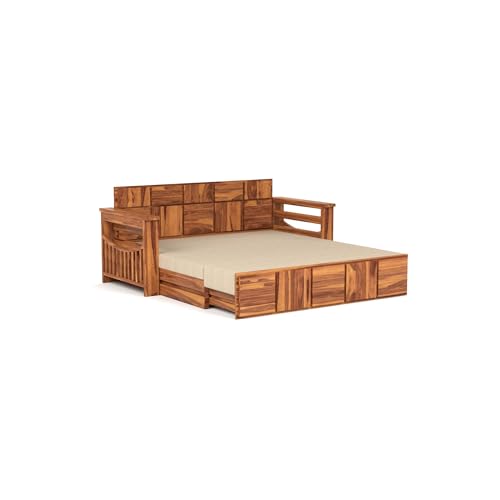 Image of Mamta Furniture Sheesham Wood Sofa Cum Bed with Storage Modern Wooden Sofa Set for Living Room Bedroom Furniture 3 Seater Convertible Sofa Cum Bed in Honey Finish