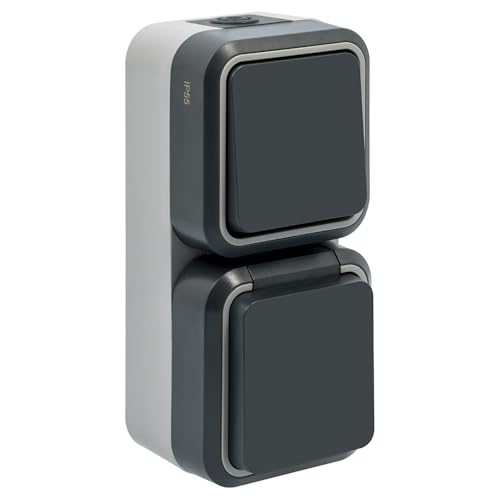 SIEMENS - Interrupteur Va-et-Vient avec Prise 2P+T Étanche Gris IP55 - Pose en Saillie - Résistant et Fiable