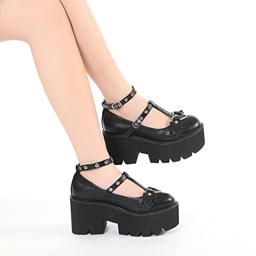 Women's Black High Heel Mary Jane Platform Shoes, Gothic Kawaii Round Toe Chunky Heels Lolita Shoes, Cute Buckle Cosplay Goth Pumps3