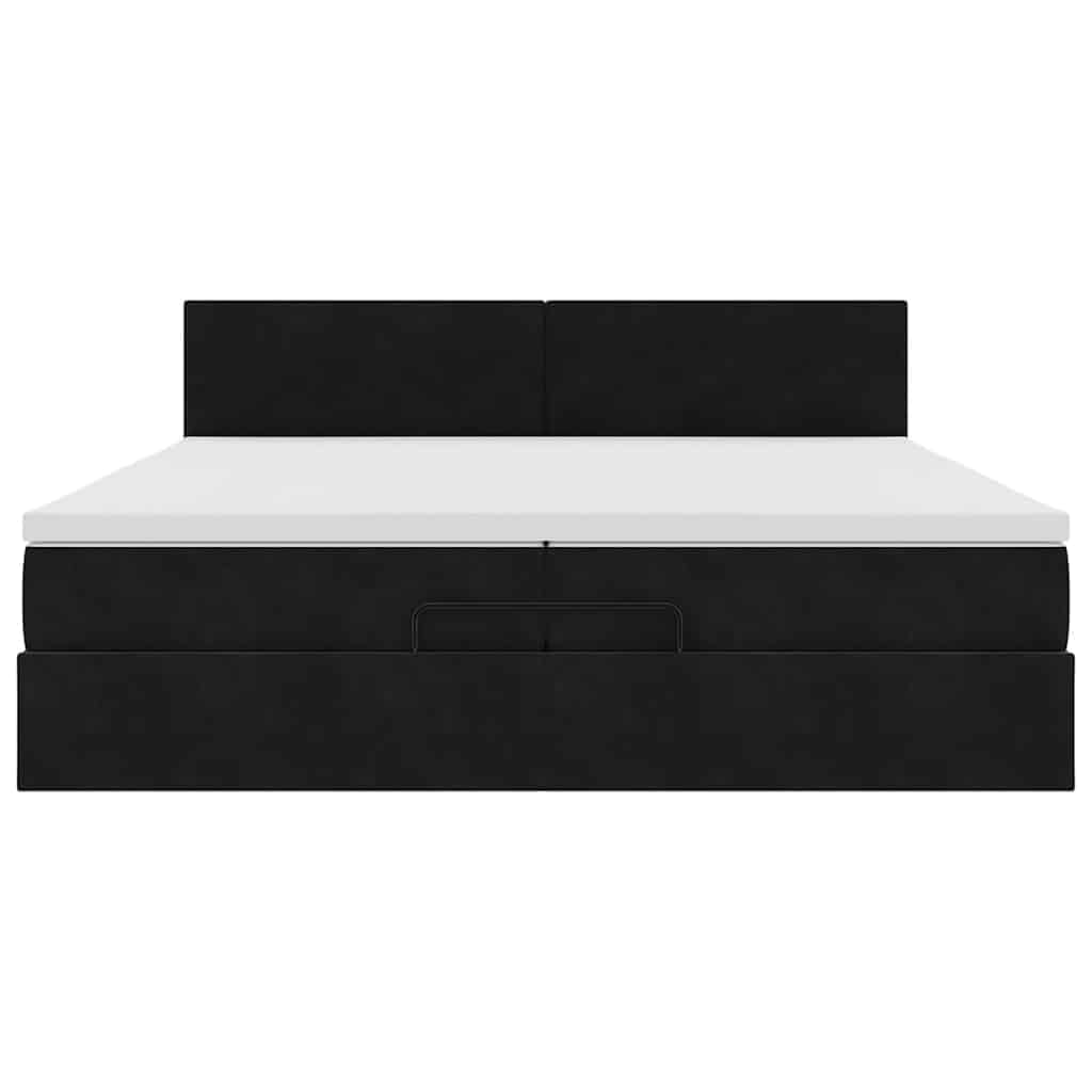 Cama otomana de 200 x 200 cm, terciopelo negro con colchones, almacenamiento hidráulico, cabecero regulable en altura