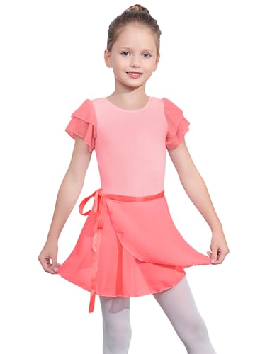 Image of EQSJIU Ballet Leotards for Girls with Removable Skirt Combo Tie Ruffle Sleeve Ballet Dance Dress Outfit 2-12 Years