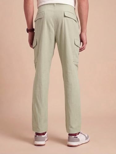 Image of Vogaan Men Cotton Linen Blend Cargo Pants | Mid Rise Regular Fit Casual Trousers | Multi Pocket Utility Bottom Wear | Comfortable Breathable Fabric Travel Outdoor Styling