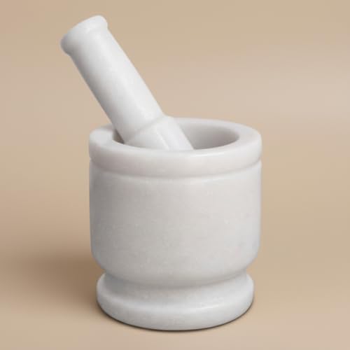 Image of B.R. & Sons Marble Mortar and Pestle Set | Stylish Imam Dasta, Ohkli Musal for Spices & Herbs - Available in Various Shapes & Colors (WHITE, 4x4 Inches)