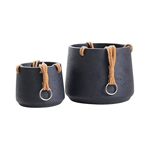 Copenhagen Matt Black Ceramic Hanging Plant Pot Set of 2 - Includes Hanging Rope - Ceramic Cement Hanging Planters for Indoor & Outdoors - Textured Effect - Large & Medium Plant Pots Cover