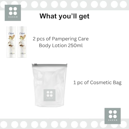 Dove 2-Pack Pampering Care Body Lotion 250ml. Fast-absorbing Moisturiser for Dry Skin. Body Moisturiser Lotion Bundled with SAESR Cosmetic Bag. Rich Body Skin Care Moisturiser for Softer Skin. - Image 3