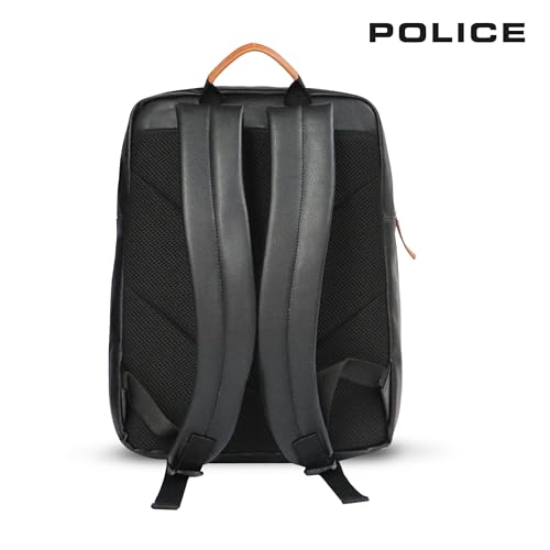 Image of Police KYLO Vegan Leather Laptop Backpack for Men & Women | 15 Inch Laptop Bag | Lightweight Stylish Office Backpack | Front Pocket | Adjustable Padded Straps | Travel Work Backpack - Black /Tan
