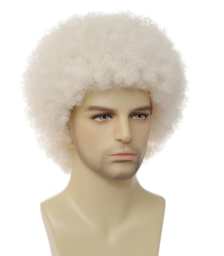 Image of Men's Afro Wig, 70s Disco Fluffy Curly Synthetic Wig, Retro Big Afro Wig for Halloween, Cosplay, 80s Theme Party and Bob Ross Costume.(Platinum Blonde)