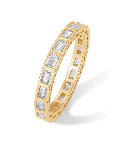 PAVOI 14K Gold Plated Eternity Ring For Women Bezel Set Stackable Bridal Jewelry Design
