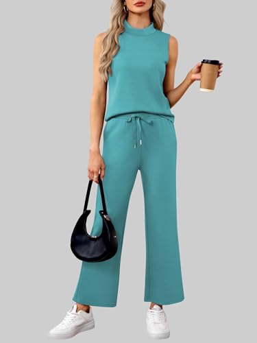 Women's Summer 2 Piece Outfits Mock Neck Tank Top Cropped Wide Leg Pants Lounge Sets 2025 Fashion Tracksuit2