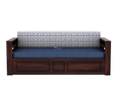 Image of Mamta Furniture Sheesham Wood Foster 3 Seater Sofa Cum Bed for Living Room Three Seater Sofa Bed for Home Sofa Com Bed Sheesham Wood |(Walnut Iris Blue)