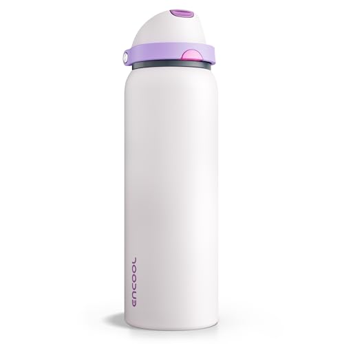 Image of Insulated Water Bottle with Straw - Encool Stainless Steel Water Bottle with Push Button Lid, Leak-Proof & BPA-Free, Keeps Cold for 24 Hours for Sports, Travel, Gym (40 oz, Oyster Pink)