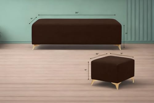Image of Adorn India Premium Luster 8 Seater L Shape Sofa Set with 2 Puffy & 1 Center Table | Velvet Suede Fabric | 3-Year Warranty | LHS | Brown with Golden Legs & Striped Pattern Cushion