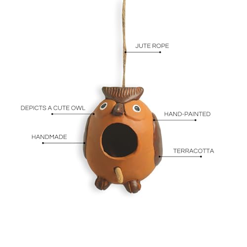 Image of ExclusiveLane 'Observant Owl' Terracotta Bird House for Garden Hanging & Balcony| Handmade & Handpainted Bird House for Sparrow Garden Decoration Items Outdoor (5.3 Inch, Brown)