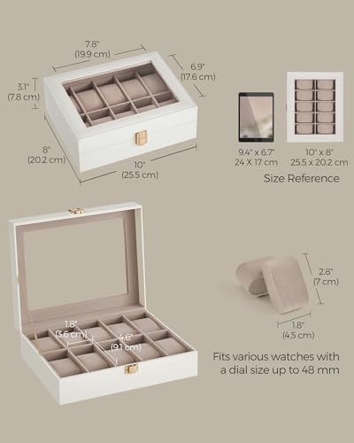 Image of SONGMICS Watch Box, 10-Slot Watch Case Organizer with Large Glass Lid, Removable Pillows, Gift for Loved Ones, Cloud White Synthetic Leather, Cappuccino Beige Lining UJWB010W01