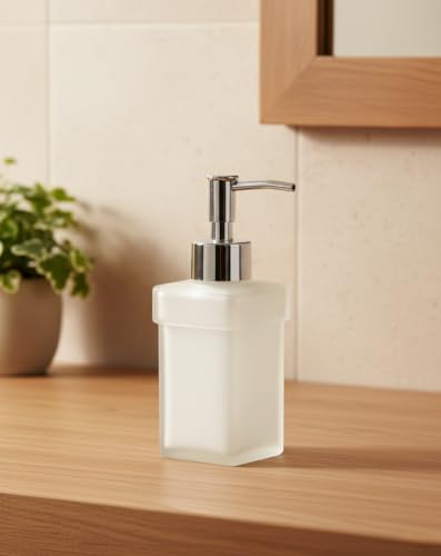 Image of Luxury Frosted Glass Soap Dispenser with Chrome Pump | Square Modern Design | Refillable Hand Lotion & Liquid Soap for Bathroom & Kitchen Countertop (SQ NBottle)