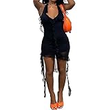Ekaliy Women's Sexy Ruffle Fringed Mini Dress Halter Neck Backless Y2K Tassels Summer Party Club Bodycon Dress Black XL