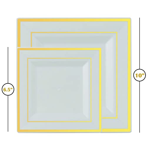 Bloomingoods Disposable Plastic White Square Plates, 100-Pack 6.5 & 10 In. Combo Premium Heavy Duty Gold Rim Square Plastic Plates, Ideal For Wedding, Party, Event Or Catering #TOP4
