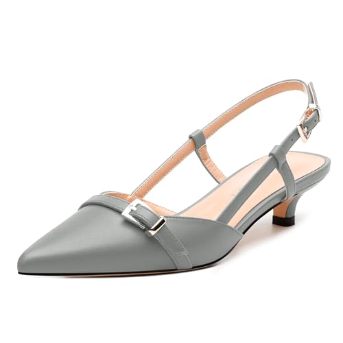 Women's Slingback Pumps, Pointed Toe Kitten Heel Pumps, Fashion Buckle Solid Matte Pump for Daily Office Dating Party