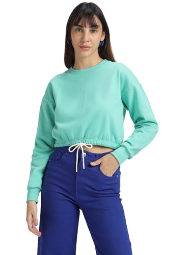 Image of JUNEBERRY Cotton Poly Fleece Regular Fit Pink, Purple Green & Orange Solid Full Sleeve Sweatshirt for Women