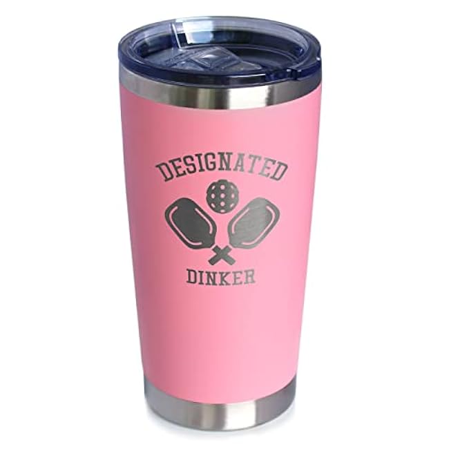 Bevvee Designated Dinker - Insulated Coffee Tumbler Cup with Sliding Lid - Stainless Steel Insulated Mug - Funny Pickleball Themed Gifts and Decor - Pink