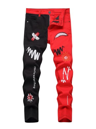 GORGLITTER Boy's Colorblock Embroidered Stacked Jeans Y2K Straight Slim Fit Denim Pants