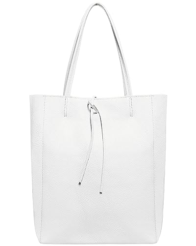 Image of Genuine Italian Leather Tote Bag for Women, Large Slouchy Purse, White | Unstructured bag, raw unlined interior with zip pocket, top zipper, side ties, folds flat, fits a 16-inch laptop, lightweight