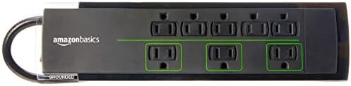 Amazon Basics Rectangular 8-Outlet Power Strip Surge Protector, 4,500 Joule - 6-Foot Cord, Black/Green