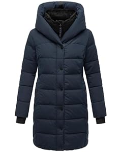 Navahoo Damen Wintermantel warmer Steppmantel lang mit Kapuze und abnehmbarem Fleece-Kragen Knutschilein Navy Gr. S