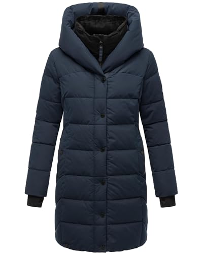 Navahoo Damen Wintermantel warmer Steppmantel lang mit Kapuze und abnehmbarem Fleece-Kragen Knutschilein Navy Gr. M
